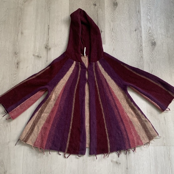 Free People Aztec Boho Fringe Open Wool Hooded Cardigan M festival cabin knit - Picture 1 of 12